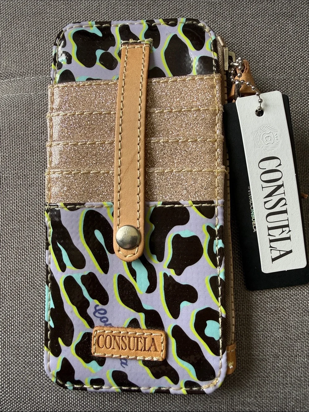 Consuela Lavender Leopard Glitter Card Phone Wallet with Tan Strap